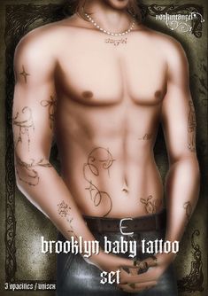 a man with tattoos on his chest standing in front of a sign that says brooklyn baby tattoo