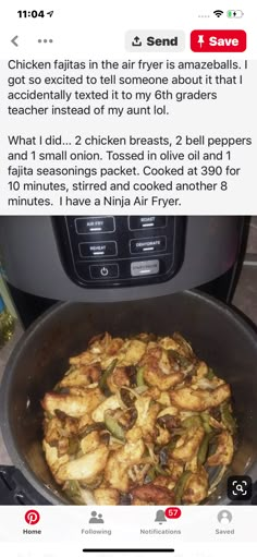 an image of food cooking in a pan on the stove with text reading chicken fajita