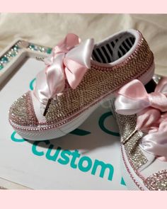 Pink Embellished Sneakers For Party, Party Sneakers With Rhinestones And Round Toe, Party Sneakers With Bling And Round Toe, Party Sneakers With Rhinestones, Pink Rhinestone Party Sneakers, Party Sneakers With Bling, Pink Party Sneakers With Glitter Accents, Pink Glitter Sneakers For Party, Embellished Low-top Party Sneakers