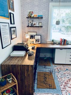 a dog cage in the corner of a room with shelves and pictures on the wall