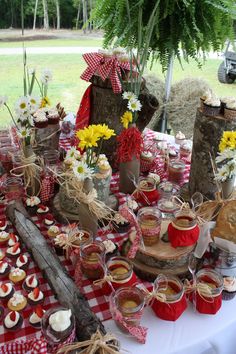 a table topped with cakes and cupcakes covered in red and white checkered cloth