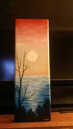 an acrylic painting of a sunset over the ocean with trees in front of it