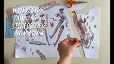 a person is holding scissors and painting pictures on paper with the words watercolor painting and stereospic animation