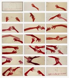 many different images of hands and fingers with red paint on them, all over white paper