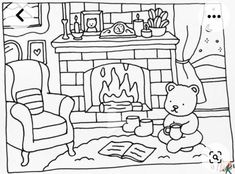 a black and white drawing of a fireplace with a teddy bear sitting in front of it