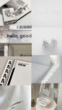 an assortment of photographs with the words hello, good and new written in black on them