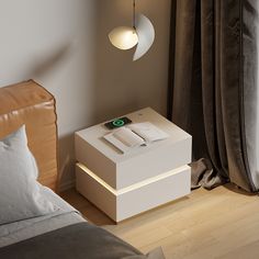 a bed room with a neatly made bed and a night stand next to a window