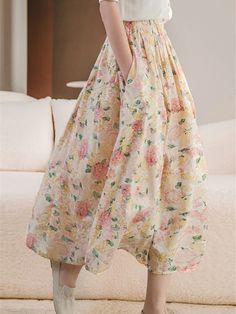 Lasaky - Literary Style Cotton Printed Midi Skirt with Small Floral Pattern, High Waist, and Flowy Hemline Small Floral Pattern, Floral Skirts, Swimwear Sets, Printed Midi Skirt, Swimsuit Dress, Satin Skirt, Types Of Skirts, Flare Skirt, A Line Skirts