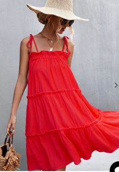 Super cute beautiful red ruffly tiered sun dress with shoulder tie straps. Nice and roomy, lightweight flowy dress that is perfect for hot sunny days. Red Sun Dress, Long Sundress, Red Sun, Trendy Clothes For Women, Sun Dress, Flowy Dress, Tie Dress, Summer Clothes, Xl Dress