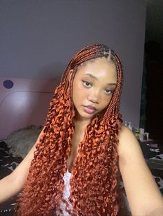 Ginger Braids Goddess, Ginger Human Hair Braids, Auburn Hair Braids On Black Women, Ginger Braids With Curly Ends, Ginger Attachment Braids, Box Braids Baddie, Ginger Braids Black Roots, Ginger Cornrows Braids, 2 Color Braids