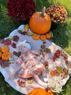 a baby is laying on a blanket next to pumpkins and gourds in the grass