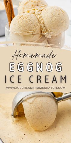 homemade eggnog ice cream in a bowl with cinnamon sticks