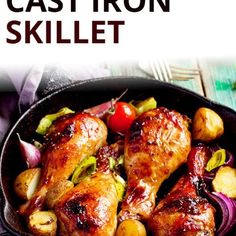 the cast iron skillet is filled with chicken, potatoes and vegtables