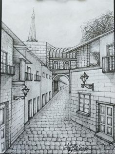 a pencil drawing of an alleyway in the city