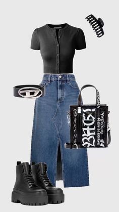 Outfit Combat Boots, Jean Skirt Outfit, Plus Size Aesthetic Outfits, Skirt Outfit Inspiration, Diesel Belt, Claw Clip Hairstyle, Jean Midi Skirt, Ropa Upcycling, Clip Hairstyle