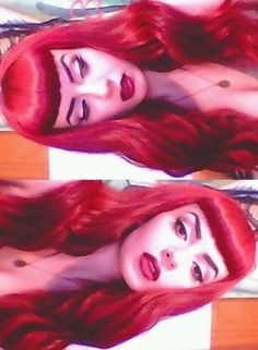 Sara Ashouri, Love her hair and her eyebrows. Long red retro hair with bettie bangs and pinup makeup. Red Hair And Black, Bettie Bangs, Betty Bangs, Cold Beauty, Pin Up Makeup, Catty Noir, Bright Red Hair