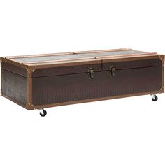 the trunk is brown and has two drawers on each side, with wheels for storage