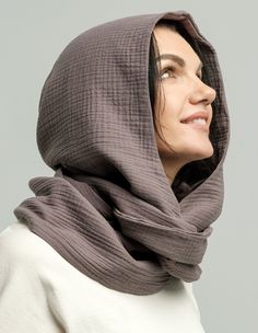 Natural 4-layer organic muslin cotton Large Wrap Scarf Hood. Organic gauze cotton is soft and not itchy. Black Hood Cowl Scarf is alternative to a hat. Material - 100 % cotton. Size: One size fits all. Easy to wear, protects your neck, head and shoulders against sun and cold. It is made from fine, soft and natural cotton. Elegant and sportive: great for for daily comfort. It's a great choice if you love natural products. Perfect as a gift! Produce time is about 1-5 days. If you have any question Cowl Hood, Head Veil, Scarf Hood, Hooded Cowl Scarf, Cotton Head Scarf, Hooded Cowl, Black Hood, Burning Man Festival, Belted Jacket