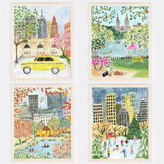 four paintings of city scenes with trees and buildings