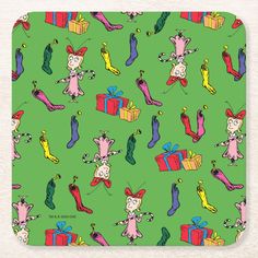 a green background with colorful cartoon characters and gifts beverage coasters, set of 4