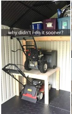 there are pictures of different things in the garage and on the shelves, including a lawn mower