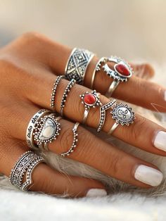 This set of Boho inspired rings will stand out during any festive event. Cheap Bohemian Rings For Gift, Cheap Bohemian Holiday Jewelry, Luxury Bohemian Ring Jewelry, Cheap Bohemian Rings For Gifts, Silver Boho Jewelry Hippie Bohemian, Affordable Silver Bohemian Jewelry Sets, Cheap Bohemian Party Jewelry, Cheap Bohemian Metal Rings, Boho Ring Collection