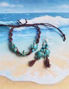 "Pair of turquoise polymer sea turtles and a starfish adorn this boho style of sliding, knotted cord 'friendship bracelet' or anklet. Diameter of opening is 12.5 \", easily slides over womens size 8.5-9 shoe for anklet. (Matching earring sold separately, https://www.etsy.com/listing/607942985/surf-buddy-earrings-turquoise-sea-turtle)" Turquoise Anklets As Beach Season Gift, Turquoise Adjustable Beach Bracelet, Turquoise Anklets For Beach, Handmade Adjustable Ocean-inspired Anklets, Turtle Anklet, San Juan Capistrano, Earrings Turquoise, Anklet Bracelet, Sea Turtles