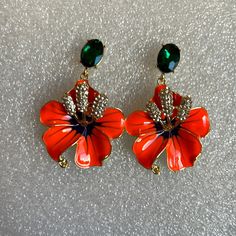 Women Korean Style Enamel Flowers Crystal Dangle Earrings . Orange Flower Earrings For Party, Orange Flower Shaped Earrings For Party, Summer Orange Flower-shaped Jewelry, Vibrant Orange Summer Earrings, Orange Drop Earrings For Spring, Shoulder Duster Earrings, Crystal Heart Earrings, Cocktail Earrings, Medium Hoop Earrings