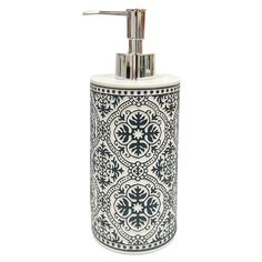 a white and black soap dispenser on a white background