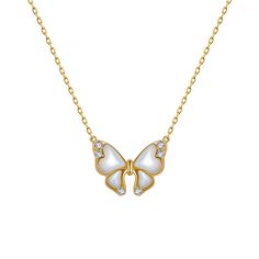 Our gorgeous Gold chain is a classic butterfly design pendant necklace with moissanite diamond and a pearl that has been designed for women. They are beautiful on their own, It gives you a confident feeling and can guarantee you an attractive and luxurious appearance. The modern and trendy gold chain contains 100% real gold material with a stamp for authenticity and it's safe for all skin types. They are nickel-free and their high polished finish gives them a fine 18K shine of purest gold materi Elegant White Gold Butterfly Pendant Necklace, Elegant Butterfly Necklace For Formal Occasions, Elegant White Sterling Silver Butterfly Necklace, White Diamond Butterfly Charm Necklace, White Diamond Necklace With Butterfly Charm, Elegant Cubic Zirconia Butterfly Pendant Necklace, Elegant Round Butterfly Charm Necklace, Elegant Butterfly Necklace With Cubic Zirconia, Elegant Cubic Zirconia Butterfly Necklace