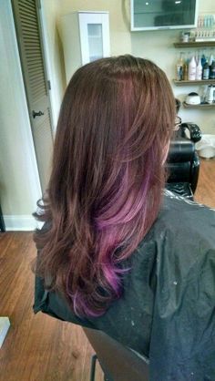 Purple highlights light brown hair Purple Highlights Light Brown Hair, Brown Hair Purple Highlights, Hair Purple Highlights, Highlights Light Brown Hair, Highlights Light Brown, Purple Peekaboo Hair, Purple Highlights Brown Hair, Purple Brown Hair, Hair Lights