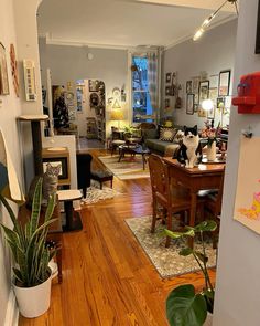 a living room filled with furniture and a cat sitting on top of a wooden table