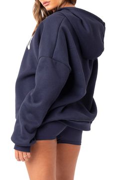 Bring a coastal vibe to your casual look with this relaxed-fit hoodie featuring varsity-style Malibu graphics. Fixed hood Long sleeves 50% cotton, 50% polyester Machine wash, dry flat Imported Casual Relaxed Fit Activewear With Adjustable Hood, Casual Activewear With Adjustable Hood And Relaxed Fit, Solid French Terry Hoodie For Athleisure, Solid French Terry Hoodie In Athleisure Style, Solid Color French Terry Hoodie In Athleisure Style, Sporty Oversized Activewear With Kangaroo Pocket, Navy Athleisure Sweatshirt With Ribbed Cuffs, Oversized Cozy Hooded Activewear, Comfy Crew Neck Hoodie With Drawstring Hood