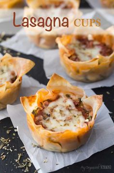 these lasagna cups are filled with meat, cheese and other toppings for an easy appetizer