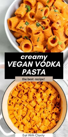 creamy vegan vodka pasta in a white bowl with the title overlay above it