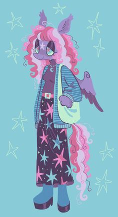 a drawing of a girl with pink hair and stars on her shirt holding a bag