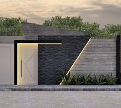 a rendering of a modern house with stone walls and plants in the front yard at dusk