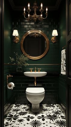 A glamorous Art Deco-inspired small bathroom with bold geometric black and white patterns on the floor, gold accents, and high-gloss finishes. Dark green or navy walls, luxurious brass fixtures, and a large decorative mirror with an ornate gold frame. Statement lighting with a chandelier or sconce, evoking the elegance and opulence of 1920s Art Deco design. 20s Bathroom Art Deco, Gold And Black Powder Room, Olive And Black Bathroom, Small Bathroom Ideas Gold Accents, Small Goth Bathroom, Great Gatsby Bathroom Ideas, Dark Green Black Bathroom, 1920s Inspired Bathroom, Moody Green Bathroom Ideas