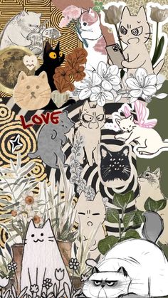 an artistic collage with cats and flowers