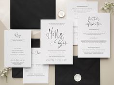 black and white wedding stationery with calligraphy