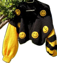 Smiley Sweater, Cardigan Handmade, Cardigan Knitted, Cardigan For Women, Chunky Cardigan, Happy Face, Black Cardigan, Cardigans For Women, Smiley