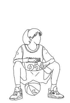 a drawing of a boy sitting on a basketball ball with his hands in his pockets