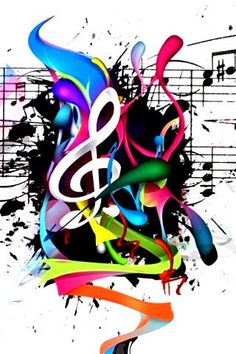 an abstract music background with musical notes and trebles in multicolored colors