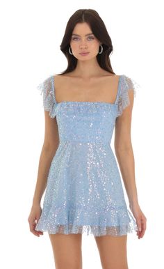 Celosia Sequin Ruffle Dress in Blue | LUCY IN THE SKY Cute Dresses For Concerts, Polka Dot Homecoming Dress, Homecoming Dresses Fluffy, Embellished Dress Short, Snowball Dresses, Prom Things, Hoco Court, Cotillion Dresses, Blue Sparkly Dress