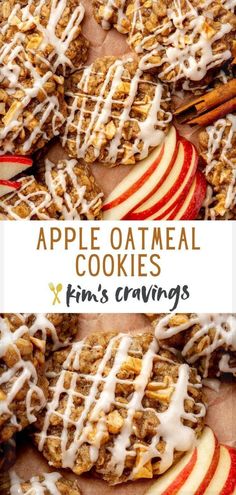 apple oatmeal cookies with white icing and cinnamon sticks on the side