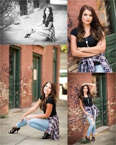 four different pictures of a woman posing in front of a brick building