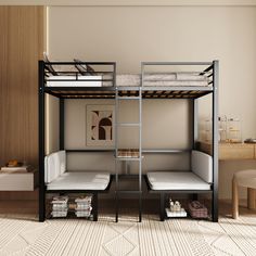 a bunk bed with two white pillows and a ladder to the top, in a room with beige walls