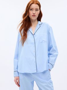 Poplin PJ Shirt | Gap Gap Relaxed Fit Sleepwear, Blue Relaxed Fit Gap Shirt, Relaxed Fit Button-up Sleepwear, Blue Button-up Summer Sleepwear, Blue Button-up Sleepwear With Button Closure, Pajama Shirt, Black Plaid, Petite Size, Heather Grey