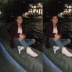 two pictures of a person sitting on a bench and one is smiling at the camera