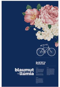 a blue poster with flowers and a bicycle on the front, along with information about it